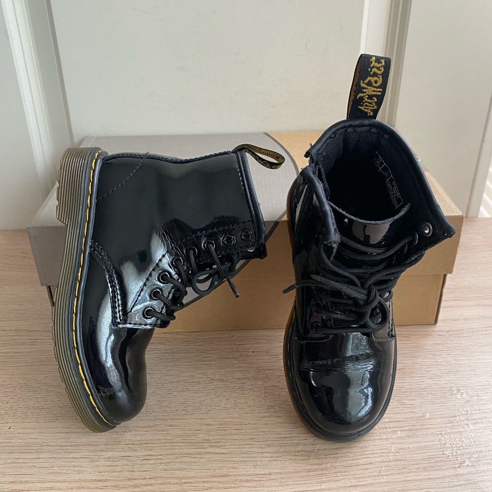 Dr. Martens 1460 Patent Black Leather Lace Up Zip Ankle Boots Toddler -SZ 8 C